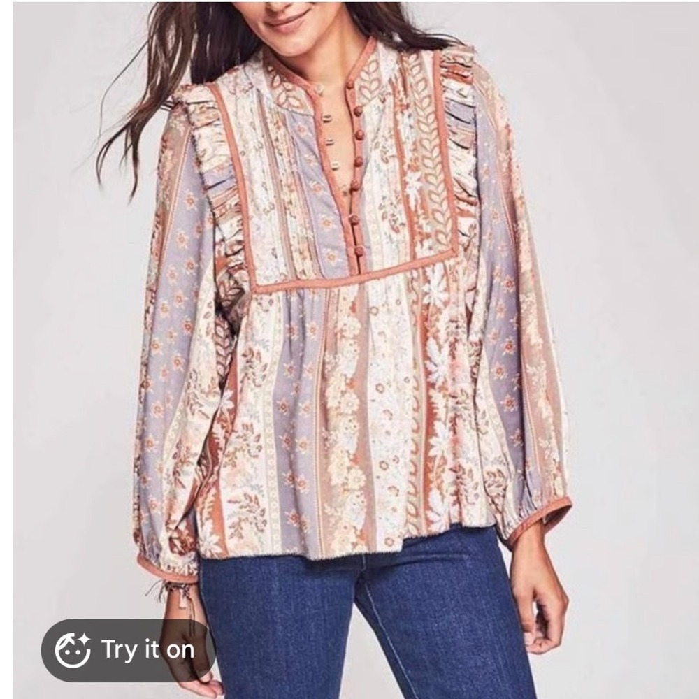 Faherty sparrow blouse in ashford Floral Patchwork Small Multicolor Boho‎ Ruffle